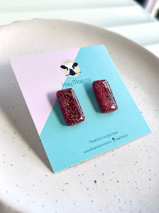 'Red Glitter' Rectangle Stud