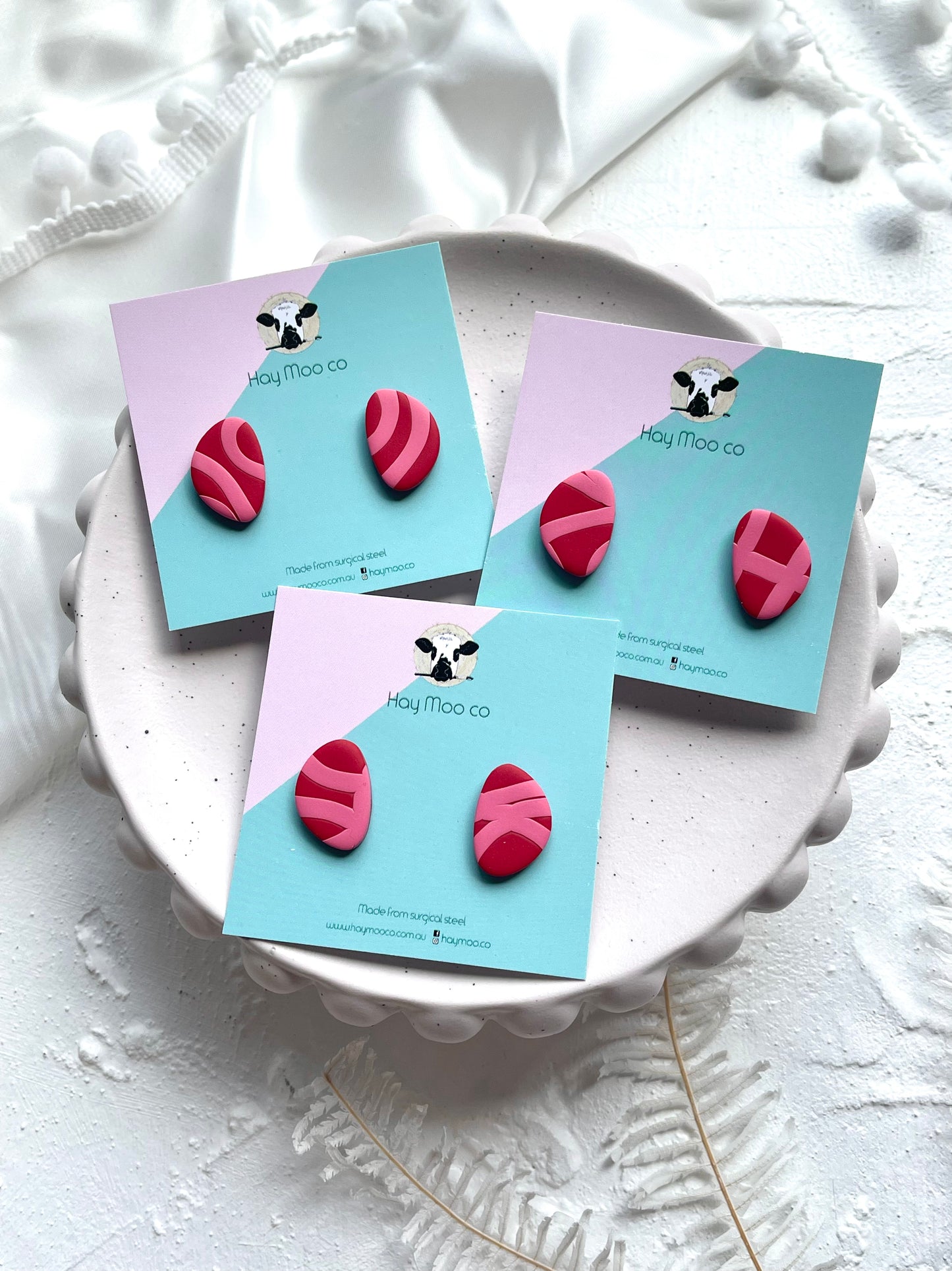 *CLIP ON* Pink Stripe Pebble Stud