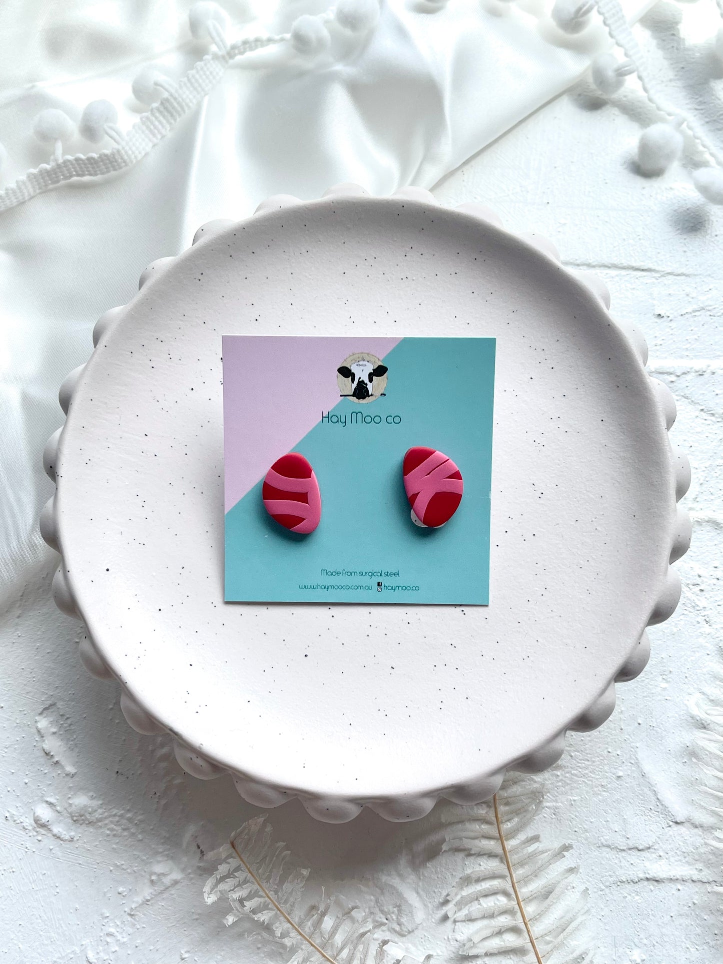 *CLIP ON* Pink Stripe Pebble Stud