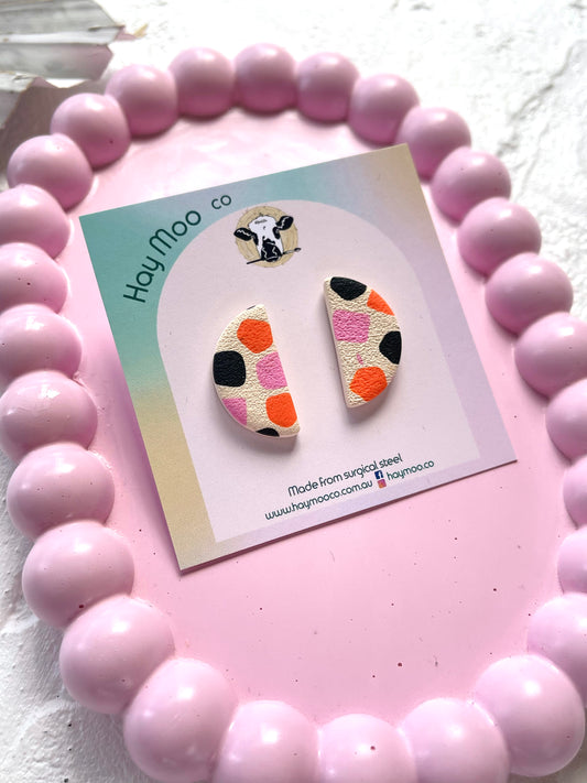 'Orange Patchwork' Semi Circle Stud