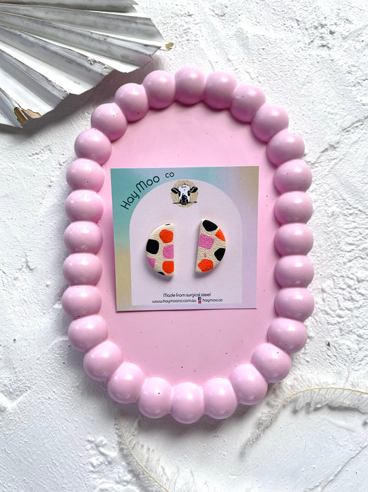 'Orange Patchwork' Semi Circle Stud